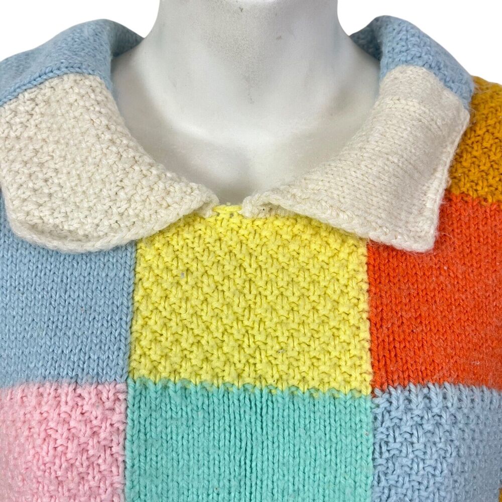 Vintage Peterpan Collar Brady Bunch Groovy Checkered Sweater 70s Patchwork M - Picture 5 of 14